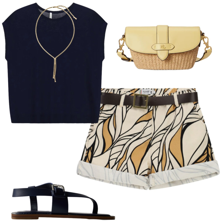 Outfit donna - Gli shorts fantasia. Stile Casual chic per Tutti i giorni. Abbinamento con top, shorts, collane, borse a tracolla, sandali in pelle.