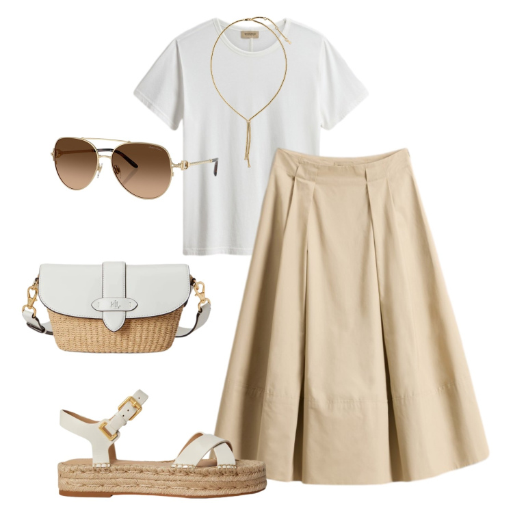 Outfit donna - Estate minimal con stile. Stile Trendy per Tutti i giorni. Abbinamento con t-shirt, gonne lunghe, occhiali da sole, borse a spalla, espadrillas, collane.