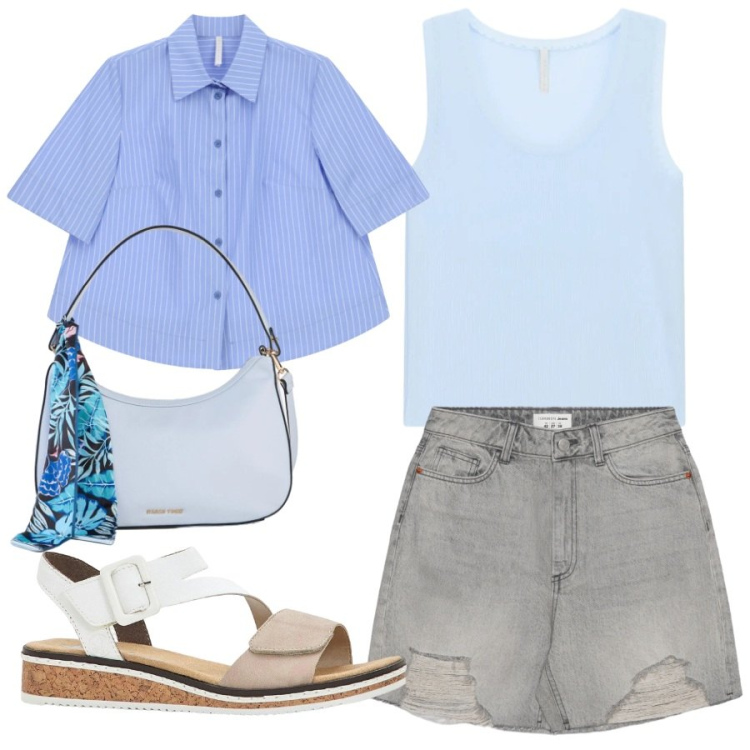 Outfit donna - look fresco estivo. Stile Casual per Tutti i giorni. Abbinamento con sandali, borse a mano, shorts, canottiere, camicie a manica corta.