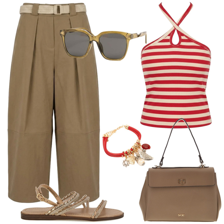 Outfit donna - In città. Stile Glamour per Tutti i giorni. Abbinamento con pantaloni, occhiali da sole, braccialetti con ciondoli, canottiere, borse a tracolla, sandali.
