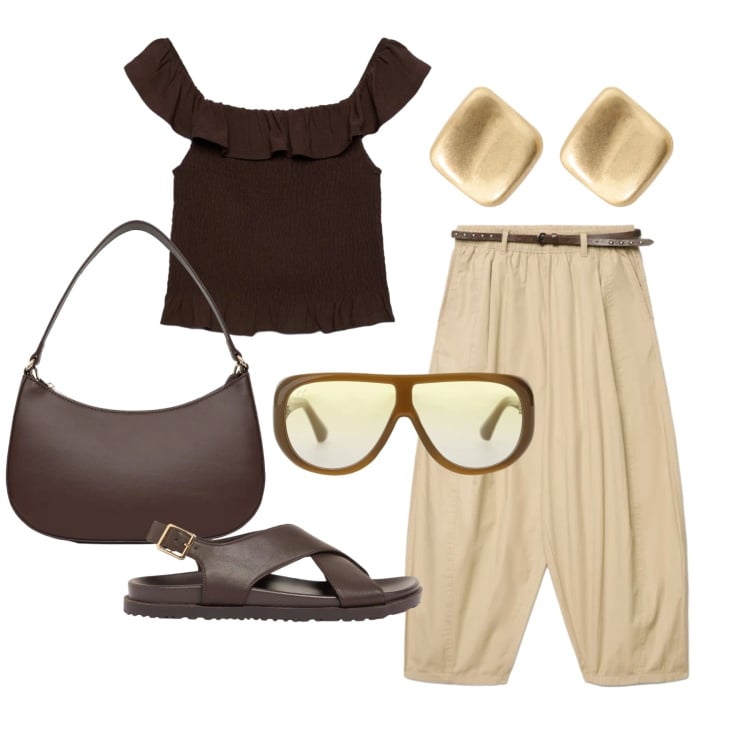 Outfit donna - Giugno. Stile Casual chic per Tutti i giorni. Abbinamento con sandali in pelle, borse a tracolla, pantaloni, top, occhiali da sole, orecchini.