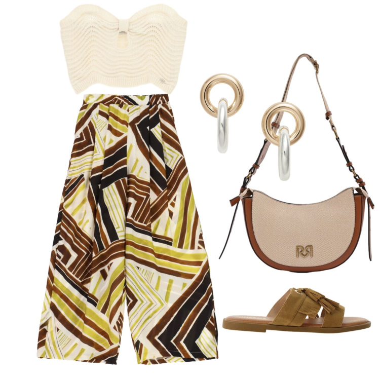 Outfit donna - Giugno. Stile Casual chic per Tutti i giorni. Abbinamento con sandali, pantaloni a palazzo, top, borse a tracolla, orecchini.