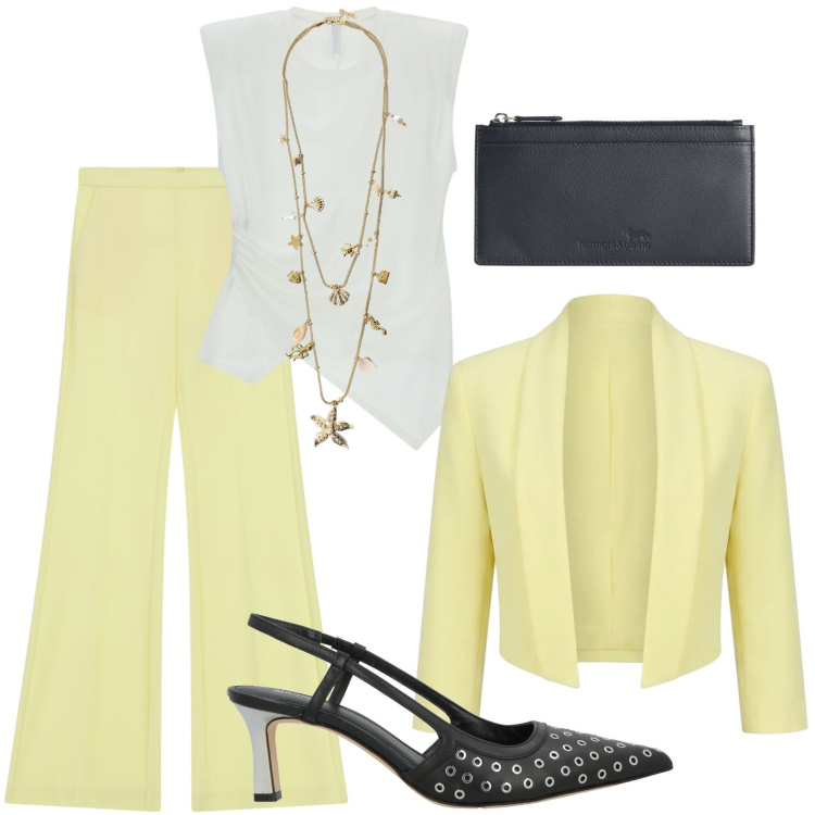 Outfit donna - Completo luminoso. Stile Chic per Ufficio. Abbinamento con décolleté, portafogli, pantaloni, top, collane, bolero.