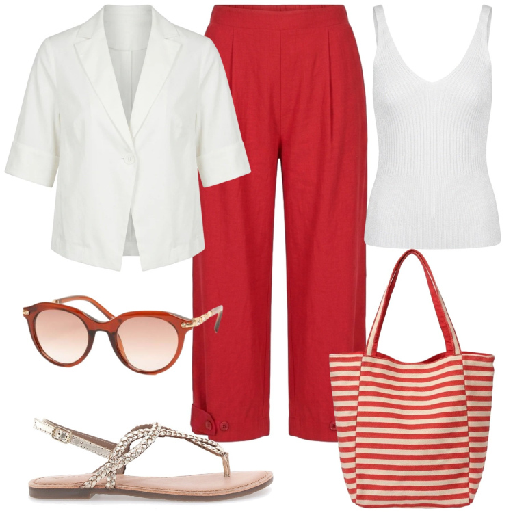 Outfit donna - Summer Confidence. Stile Casual chic per Tutti i giorni. Abbinamento con canottiere, pantaloni, borse tote, occhiali da sole, blazer, sandali.