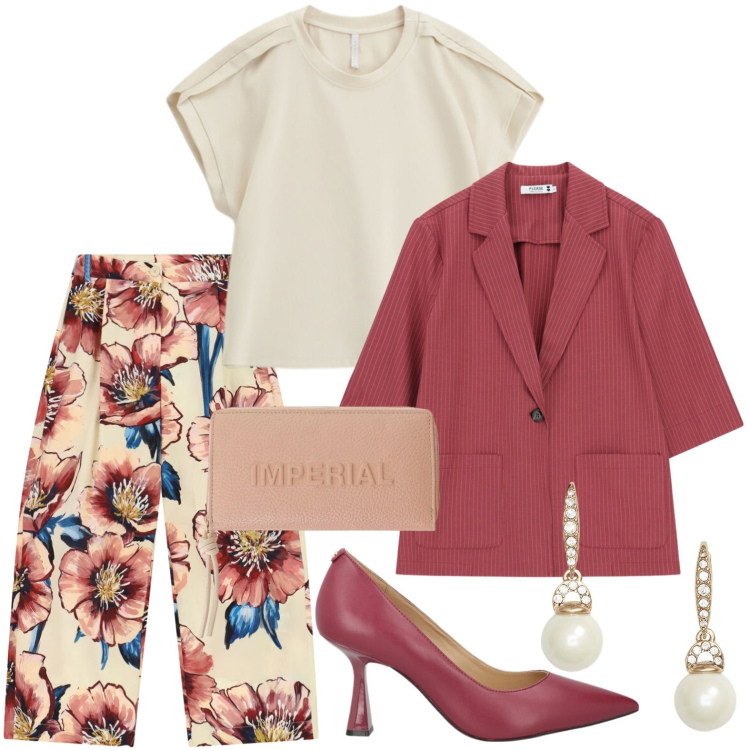 Outfit donna - Romantica fantasia floreale. Stile Glamour per Ufficio. Abbinamento con décolleté, top, portafogli, pantaloni a palazzo, blazer, orecchini.