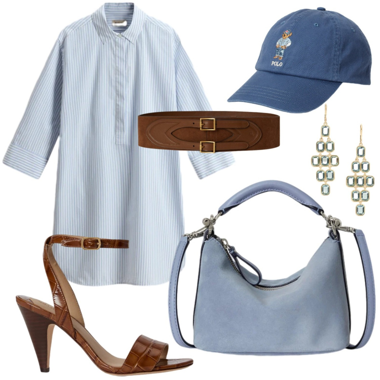 Outfit donna - Outfit intramontabile. Stile Casual per Tutti i giorni. Abbinamento con vestiti corti, cappelli con visiera, borse a spalla, orecchini, cinture, sandali in pelle.