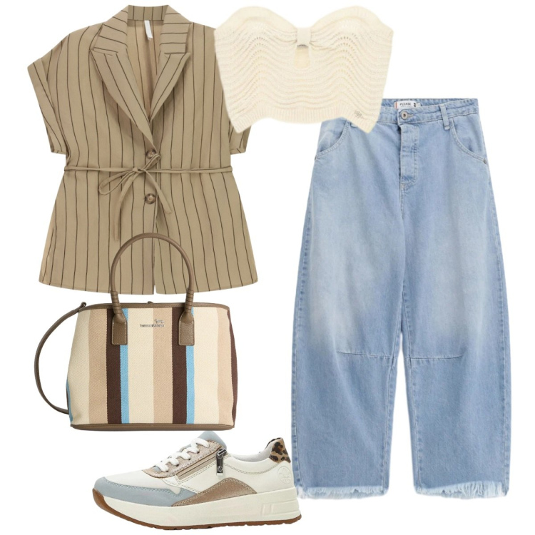 Outfit donna - Curvy casual chic. Stile Casual chic per Serata fuori. Abbinamento con sneakers, shopping bag, blazer, jeans, top.