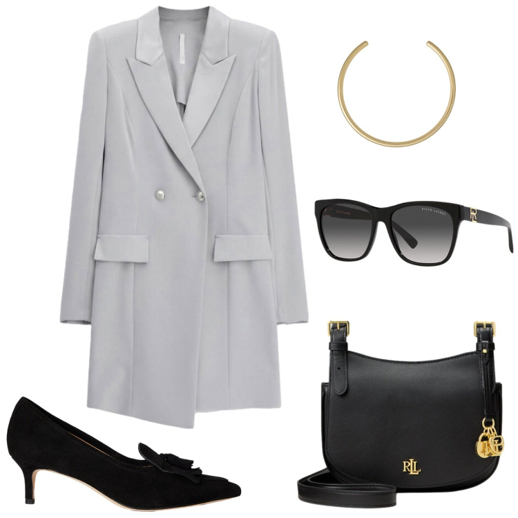 Outfit donna - Abito blazer grigio. Stile Bon Ton per Ufficio. Abbinamento con vestiti corti, occhiali da sole, décolleté, borse a tracolla, collane.