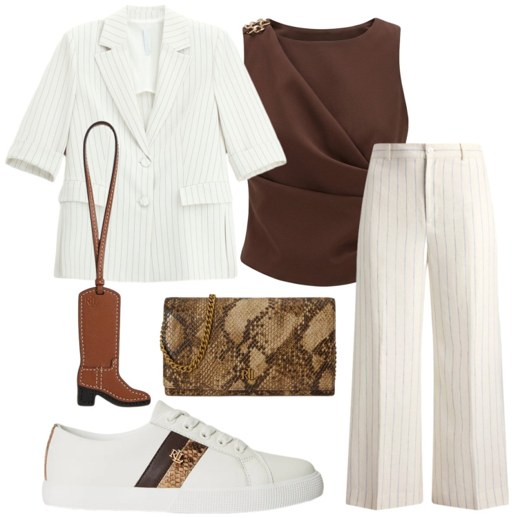 Outfit donna - Sottili righe slancianti. Stile Bon Ton per Ufficio. Abbinamento con blazer, top, sneakers, pantaloni, borse a tracolla, ciondoli.