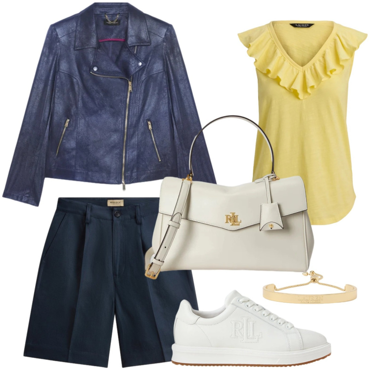 Outfit donna - Top con rouches. Stile Casual per Ufficio. Abbinamento con pantaloni corti, blazer, sneakers, top, borse a mano, braccialetti.