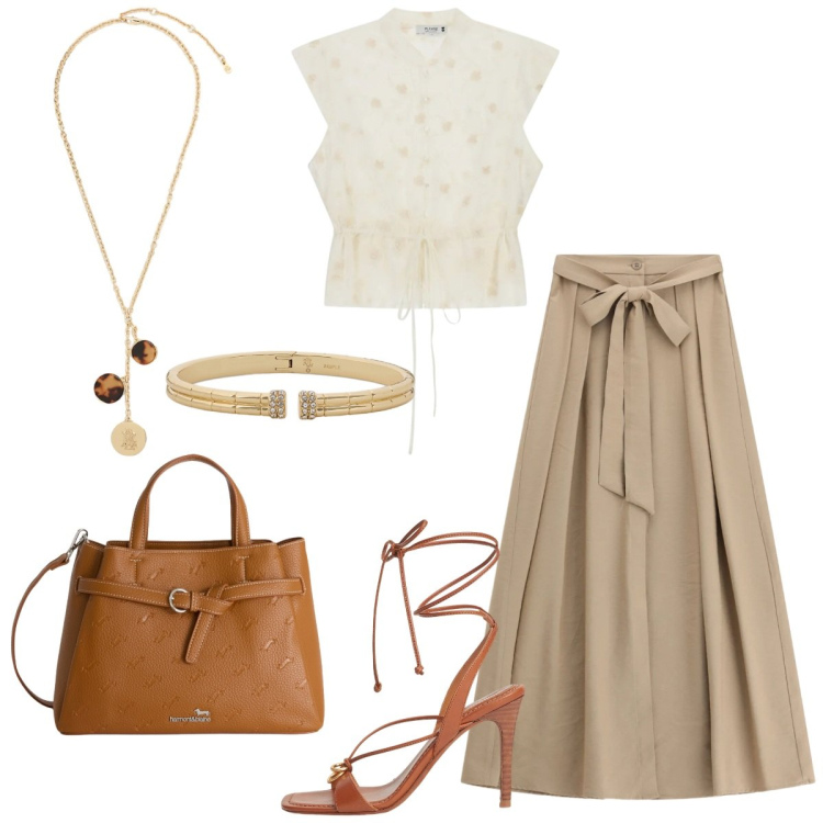 Outfit donna - Curvy chic. Stile Chic per Tutti i giorni. Abbinamento con borse a mano, gonne lunghe, top, sandali in pelle, braccialetti, collane.