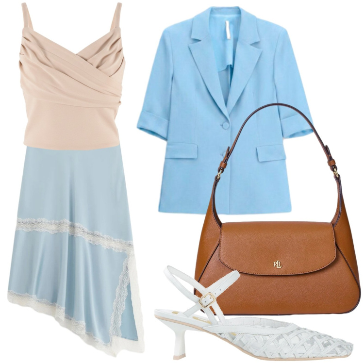 Outfit donna - Silhouette armoniosa. Stile Casual per Ufficio. Abbinamento con décolleté, gonne longuette, blazer, canottiere, borse a spalla.