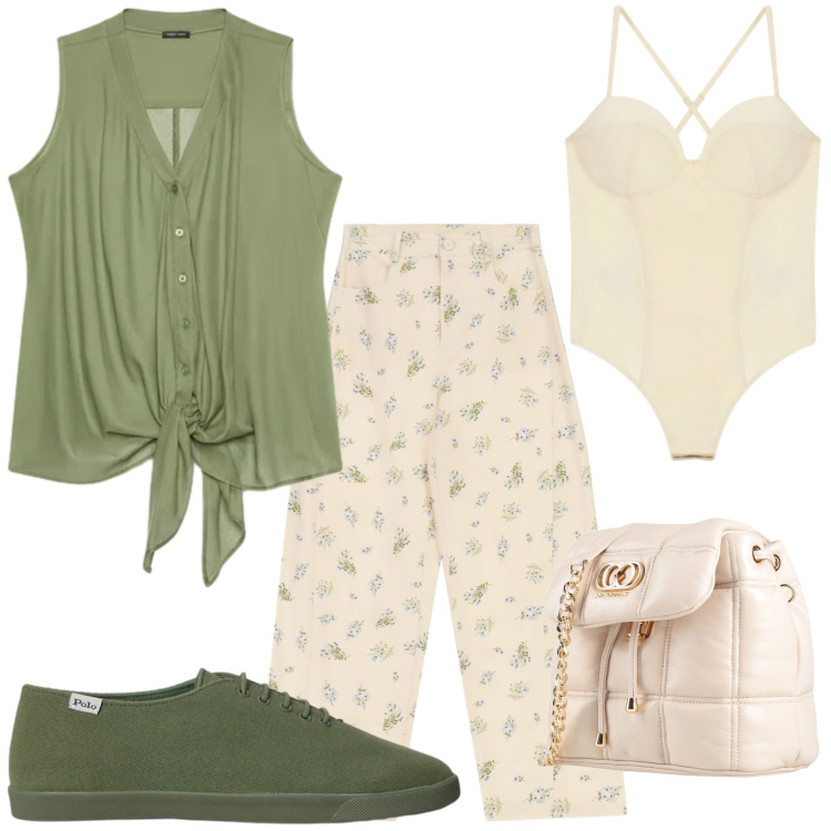 Outfit donna - Occasione casual. Stile Casual per Ufficio. Abbinamento con valigie, pantaloni a palazzo, body, top, sneakers.