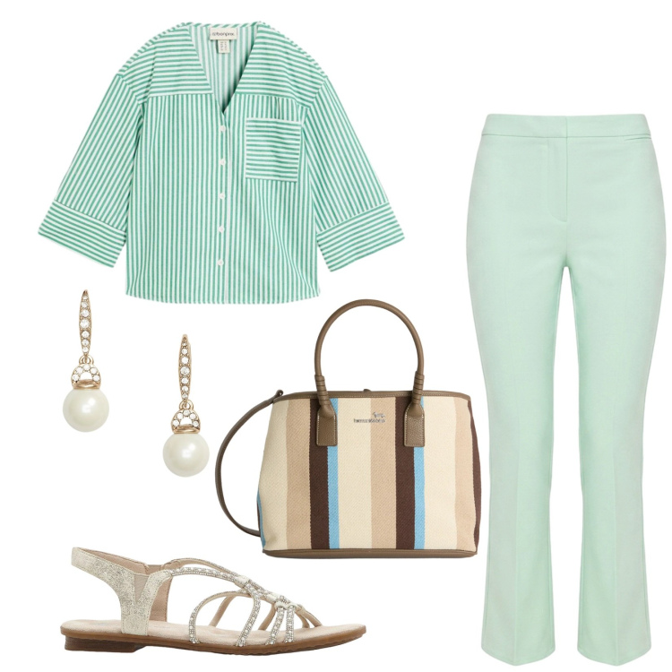 Outfit donna - Total look #2424096. Stile Casual chic per Tutti i giorni. Abbinamento con sandali, camicie, shopping bag, pantaloni, orecchini.