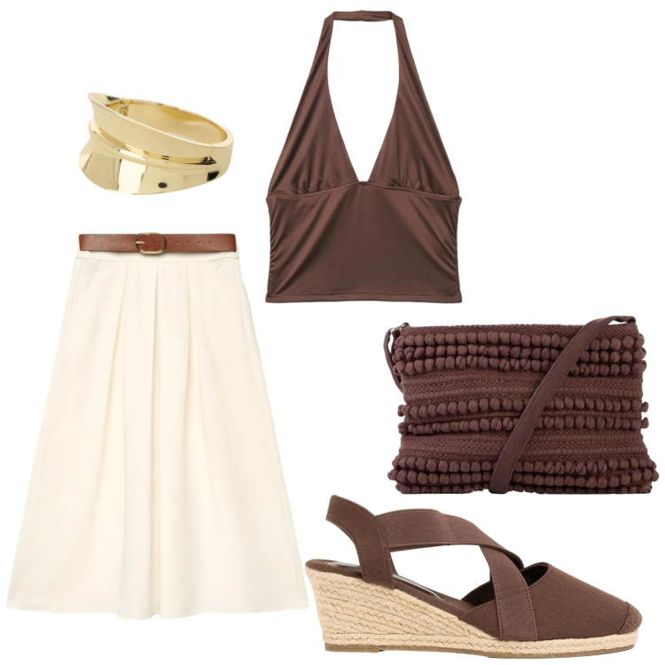 Outfit donna - Total look #2424097. Stile Romantica per Serata fuori. Abbinamento con borse a tracolla, zeppe, gonne lunghe, top, braccialetti.