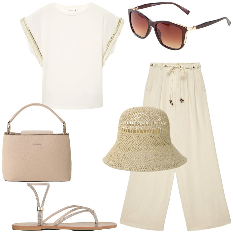 Outfit donna - Burro e beige per tutti i giorni. Stile Casual chic per Tutti i giorni. Abbinamento con occhiali da sole, pantaloni, sandali, t-shirt, cappelli, borse a secchiello.