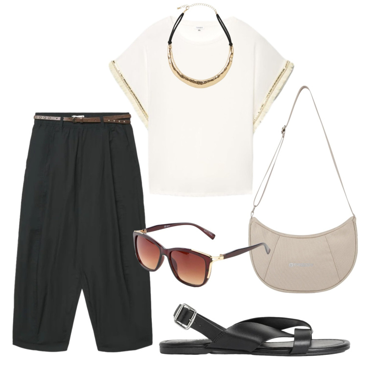 Outfit donna - Total look #2424101. Stile Minimal per Ufficio. Abbinamento con sandali, occhiali da sole, collane, pantaloni, t-shirt, borse a spalla.