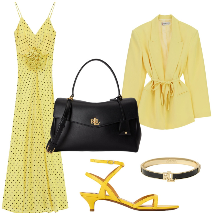 Outfit donna - Giallo e pois. Stile Basic per Tutti i giorni. Abbinamento con vestiti lunghi, blazer, braccialetti, sandali col tacco, borse a mano.