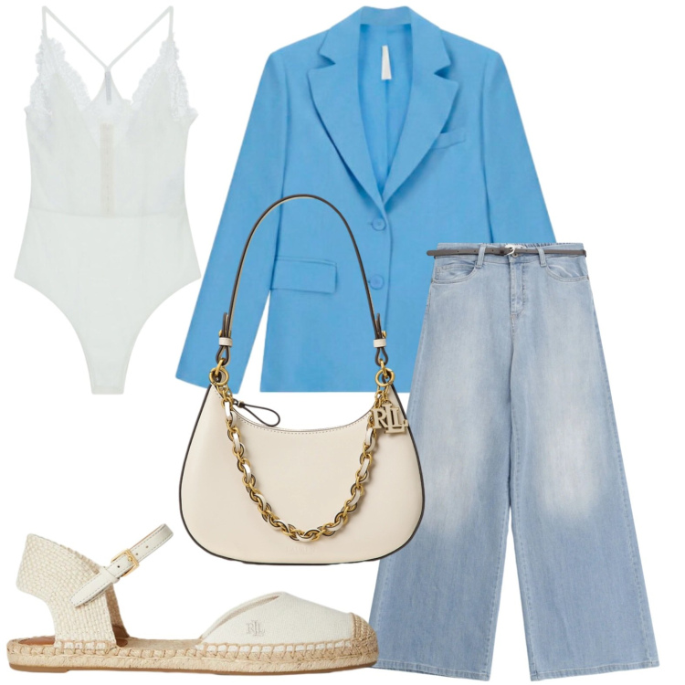 Outfit donna - Abbinamento ideale. Stile Casual per Ufficio. Abbinamento con blazer, top, jeans, espadrillas, borse a spalla.