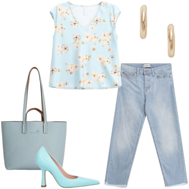Outfit donna - Total look #2424104. Stile Casual chic per Tutti i giorni. Abbinamento con décolleté, shopping bag, top, jeans, orecchini.