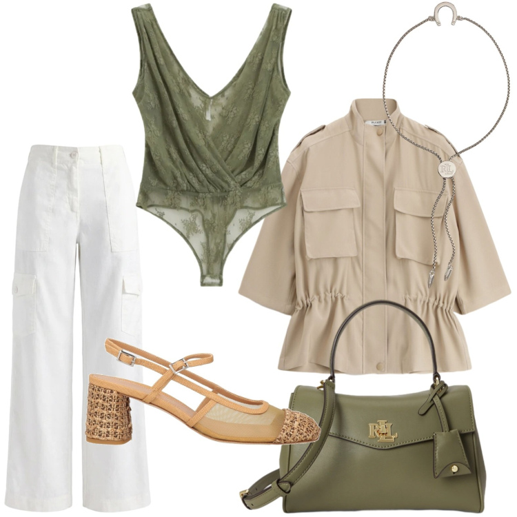 Outfit donna - Ideale per il tempo libero. Stile Bon Ton per Tutti i giorni. Abbinamento con décolleté, pantaloni cargo, top, parka, braccialetti con ciondoli, borse a mano.