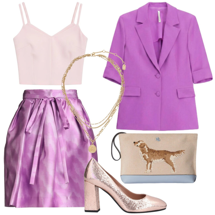 Outfit donna - Stile ricercato. Stile Bon Ton per Cerimonia. Abbinamento con minigonne, décolleté, blazer, top, ciondoli, pochette.