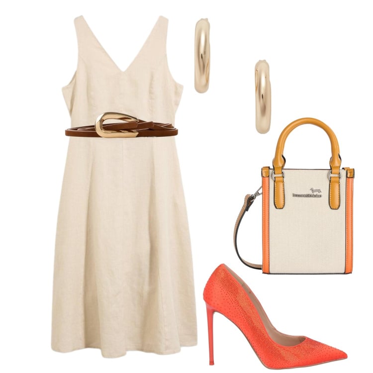 Outfit donna - Total look #2424108. Stile Glamour per Serata fuori. Abbinamento con décolleté, vestiti midi/longuette, cinture, borse tote, orecchini.