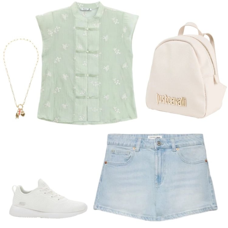 Outfit donna - Total look #2424110. Stile Casual chic per Tutti i giorni. Abbinamento con zaini, sneakers, shorts, camicie a manica corta, ciondoli.