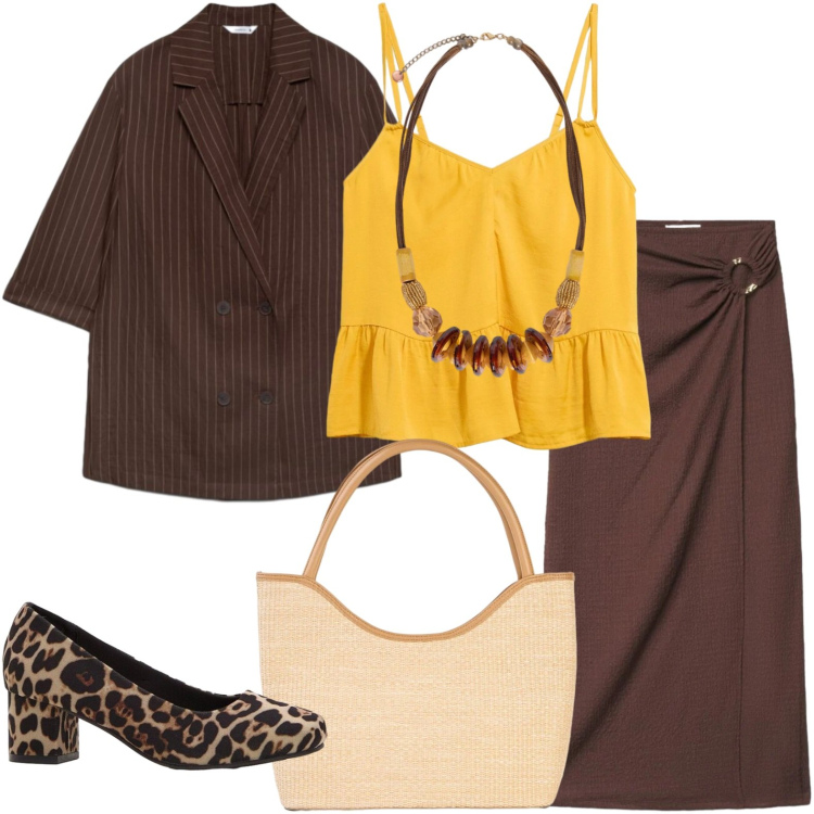 Outfit donna - Comfort e stile. Stile Bon Ton per Ufficio. Abbinamento con top, décolleté, shopping bag, gonne lunghe, blazer, collane.