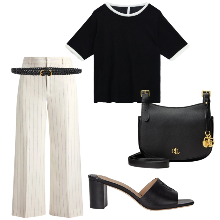 Outfit donna - Total look #2424113. Stile Chic per Ufficio. Abbinamento con t-shirt, cinture, borse a tracolla, sandali in pelle, pantaloni.