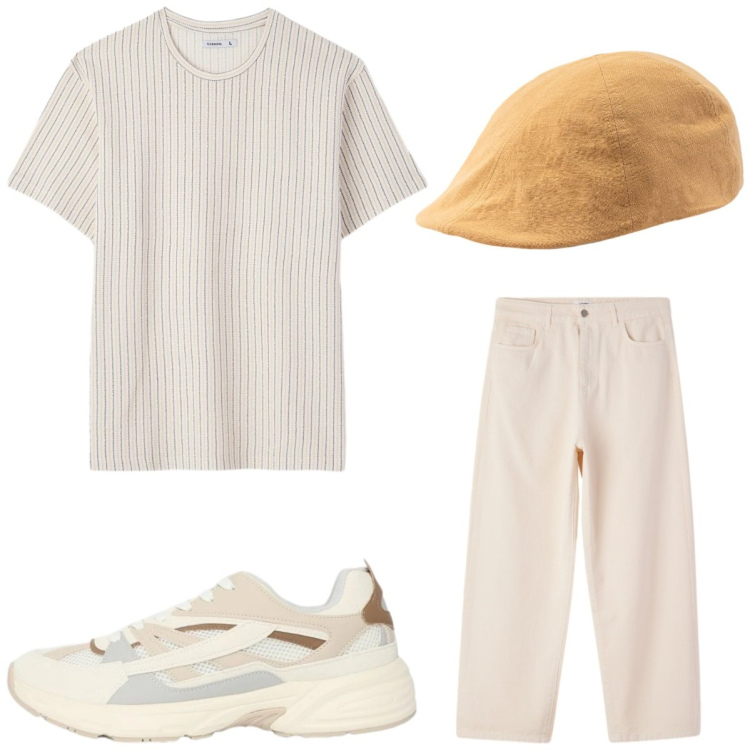 Outfit uomo - Tonalità sabbia. Stile Casual per Ufficio. Abbinamento con pantaloni, sneakers, t-shirt, cappelli con visiera.