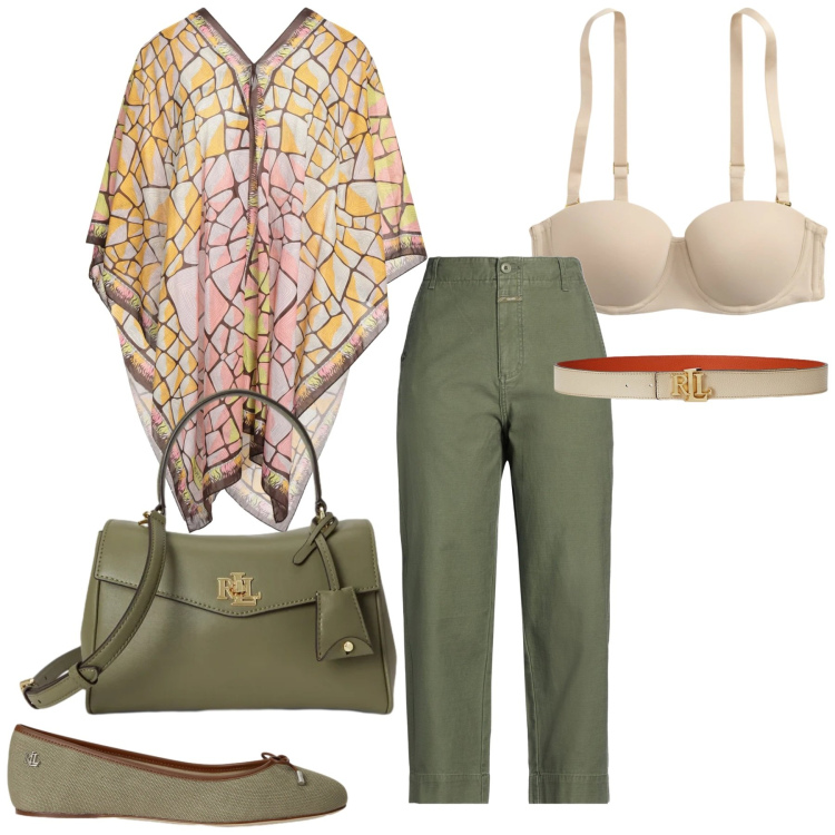 Outfit donna - Total look #2424118. Stile Glamour per Ufficio. Abbinamento con top, pantaloni, cinture, ballerine, borse a mano, reggiseni.