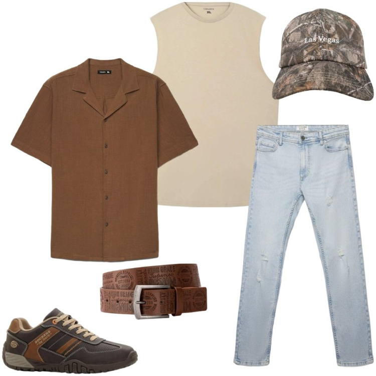 Outfit uomo - Total look #2424119. Stile Casual per Tutti i giorni. Abbinamento con cinture, sneakers, canottiere, jeans strappati, cappelli con visiera, camicie a manica corta.