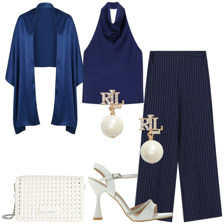 Outfit donna - Total look #2424120. Stile Chic per Cerimonia. Abbinamento con borse a tracolla, top, sandali gioiello, pantaloni a palazzo, stole, orecchini.