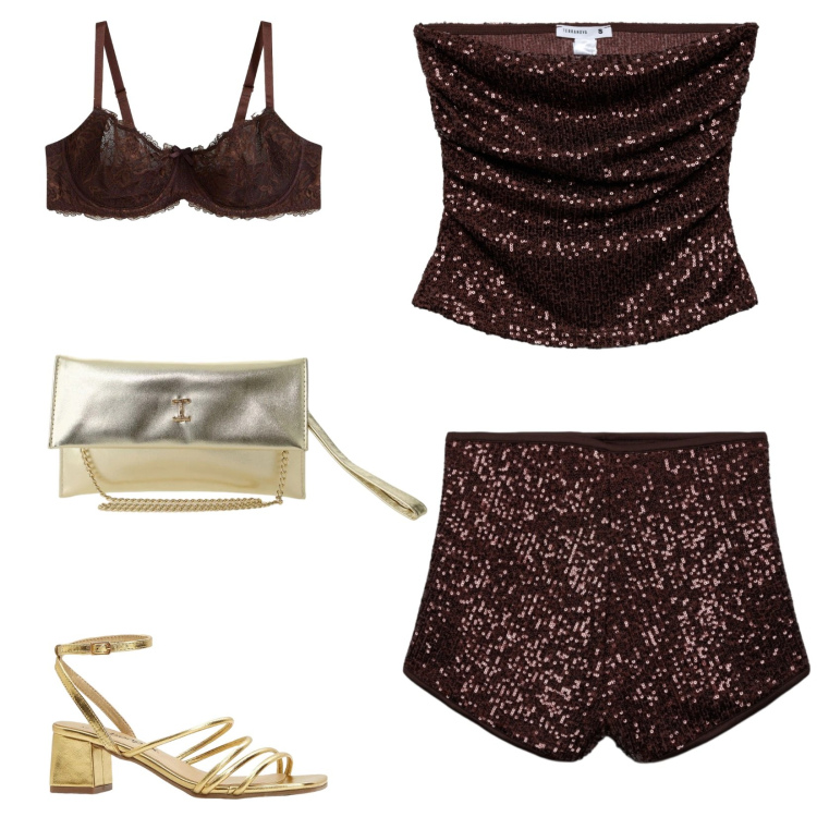 Outfit donna - Total look #2424129. Stile Sexy per Serata fuori. Abbinamento con sandali col tacco, reggiseni, top, shorts, borse a tracolla.