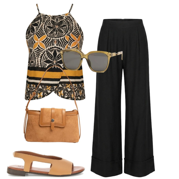 Outfit donna - Total look #2424133. Stile Etnico per Tutti i giorni. Abbinamento con occhiali da sole, canottiere, pantaloni a palazzo, borse a tracolla, sandali.