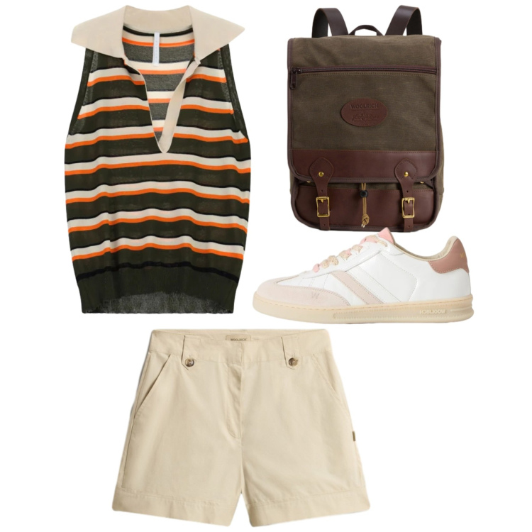 Outfit donna - Il tuo outfit per una gita fuori porta -. Stile Casual per Tutti i giorni. Abbinamento con top, pantaloni corti, zaini, sneakers.