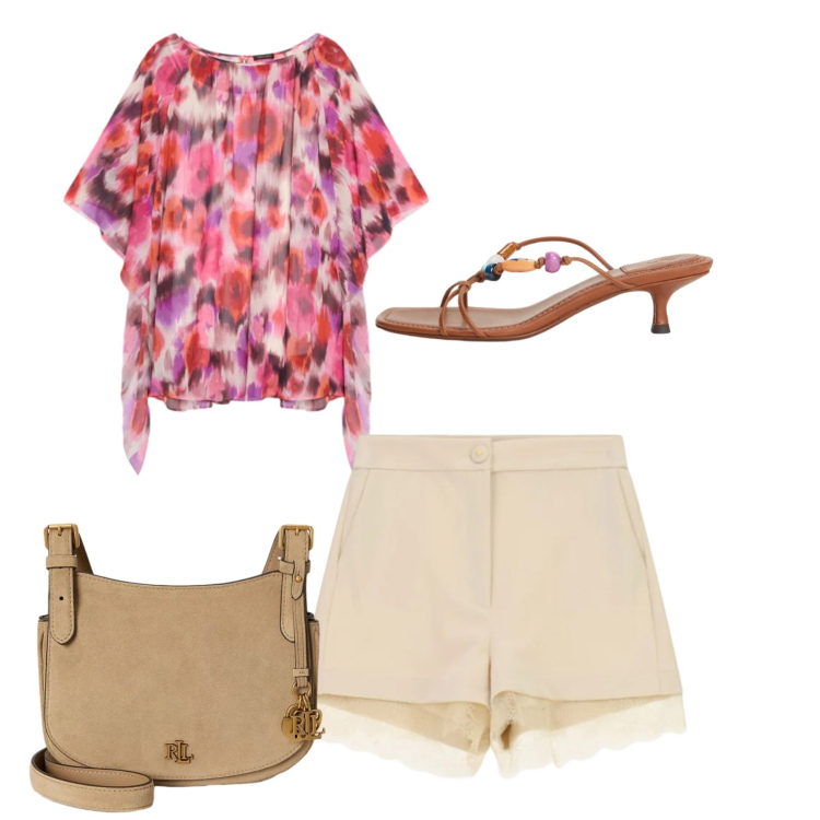 Outfit donna - Stampe tropicali. Stile Chic per Tutti i giorni. Abbinamento con shorts, tuniche, sandali gioiello, borse a tracolla.