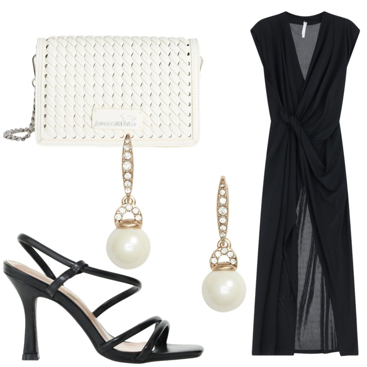 Outfit donna - Summer black dress. Stile Sexy per Serata fuori. Abbinamento con borse a tracolla, vestiti lunghi, sandali col tacco, orecchini.