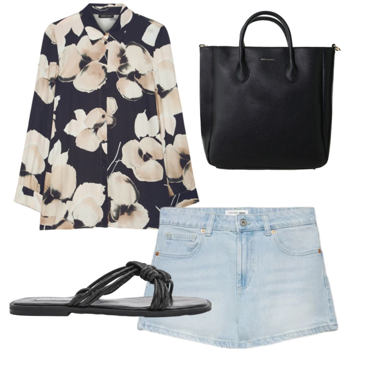 Outfit donna - Stampe tropicali. Stile Casual chic per Tutti i giorni. Abbinamento con shorts, borse a tracolla, sandali, camicie.
