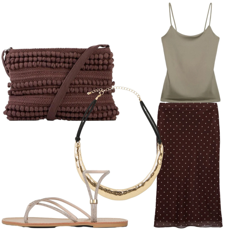 Outfit donna - Vintage dal sapore etnico. Stile Casual chic per Tutti i giorni. Abbinamento con collane, borse a tracolla, sandali, gonne lunghe, canottiere.