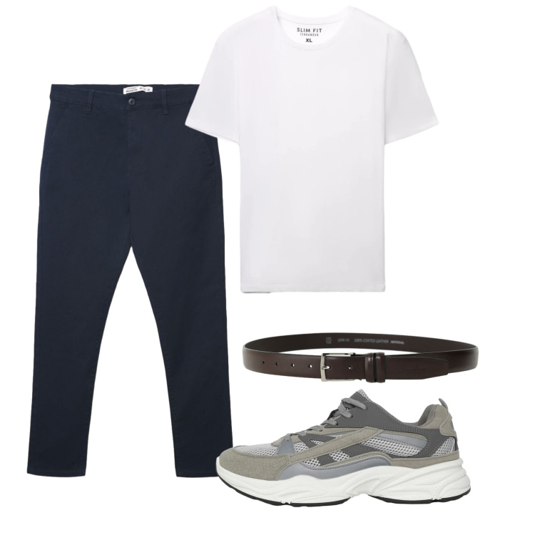 Outfit uomo - Giugno. Stile Casual per Tutti i giorni. Abbinamento con sneakers, t-shirt, pantaloni chino, cinture.