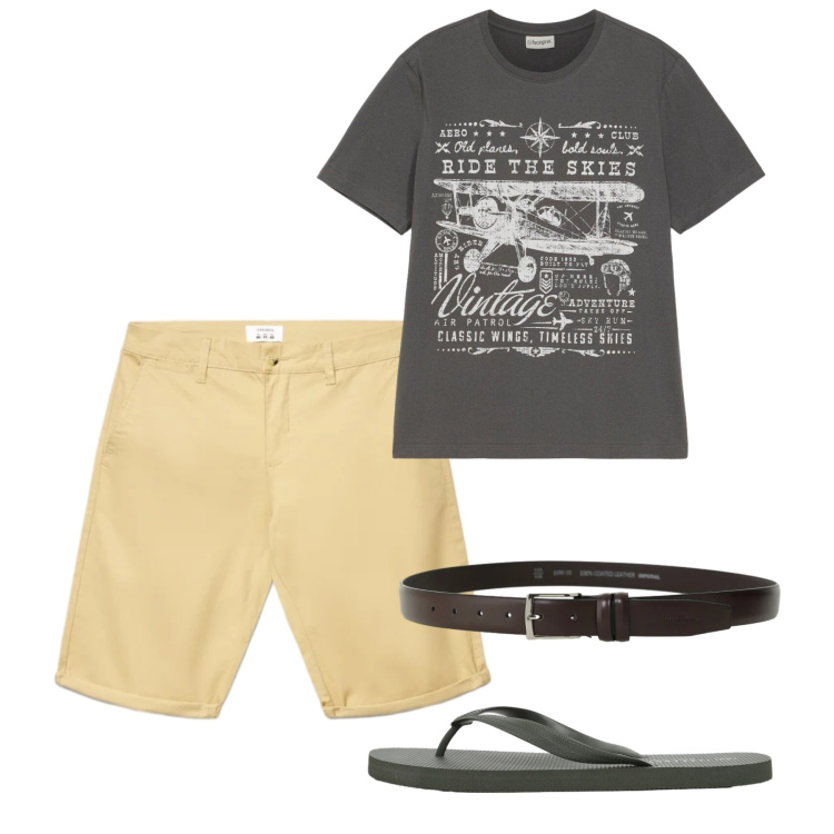 Outfit uomo - Giugno. Stile Casual per Tutti i giorni. Abbinamento con t-shirt, sandali, shorts, cinture.