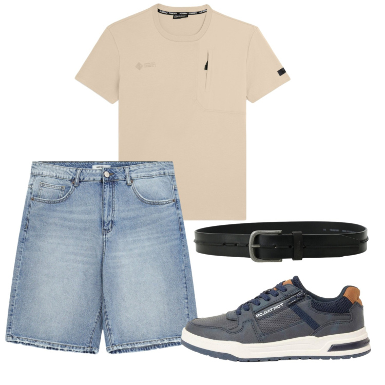 Outfit uomo - Giugno. Stile Casual per Tutti i giorni. Abbinamento con sneakers, t-shirt, bermuda, cinture.