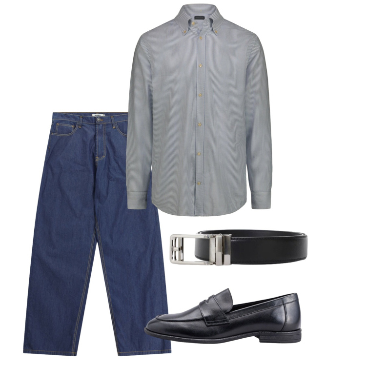 Outfit uomo - Giugno. Stile Casual per Ufficio. Abbinamento con scarpe stringate, camicie, cinture, jeans.