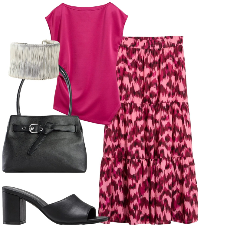 Outfit donna - City. Stile Casual chic per Tutti i giorni. Abbinamento con borse a mano, top, sandali col tacco, gonne lunghe, braccialetti.