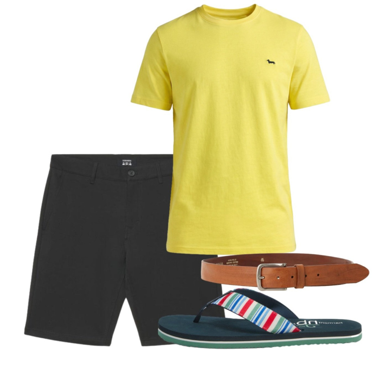 Outfit uomo - Giugno. Stile Casual per Tutti i giorni. Abbinamento con t-shirt, sandali, shorts, cinture.