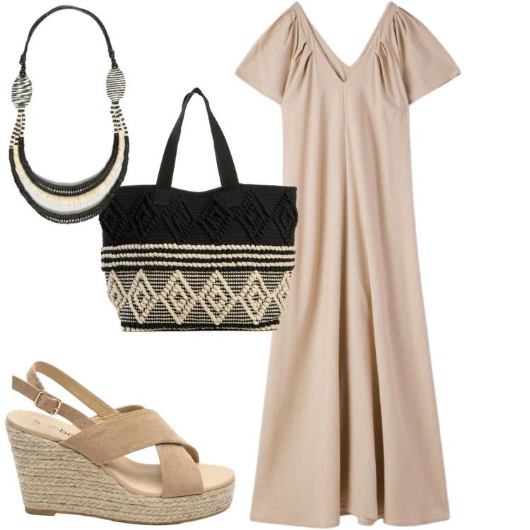 Outfit donna - Al mare. Stile Casual chic per Mare. Abbinamento con sandali col tacco, shopping bag, vestiti lunghi, collane.
