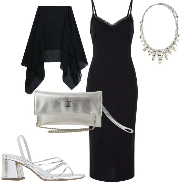 Outfit donna - Serata. Stile Chic per Serata fuori. Abbinamento con sandali col tacco, vestiti midi/longuette, borse a tracolla, cappe, collane.