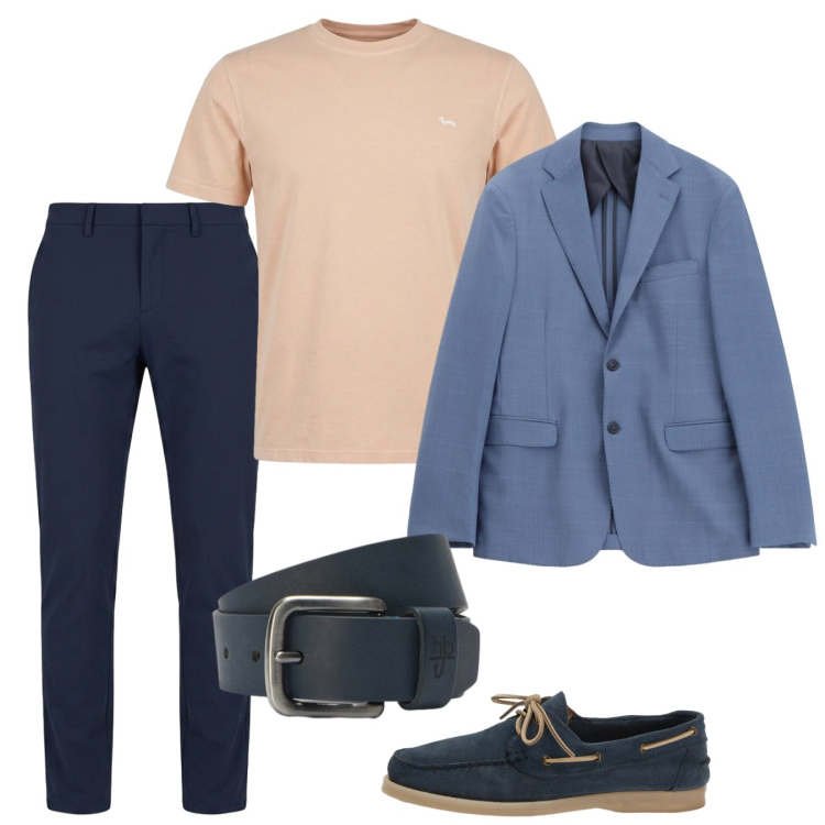 Outfit uomo - Giugno. Stile Casual per Tutti i giorni. Abbinamento con t-shirt, scarpe stringate, pantaloni chino, cinture, giacche.
